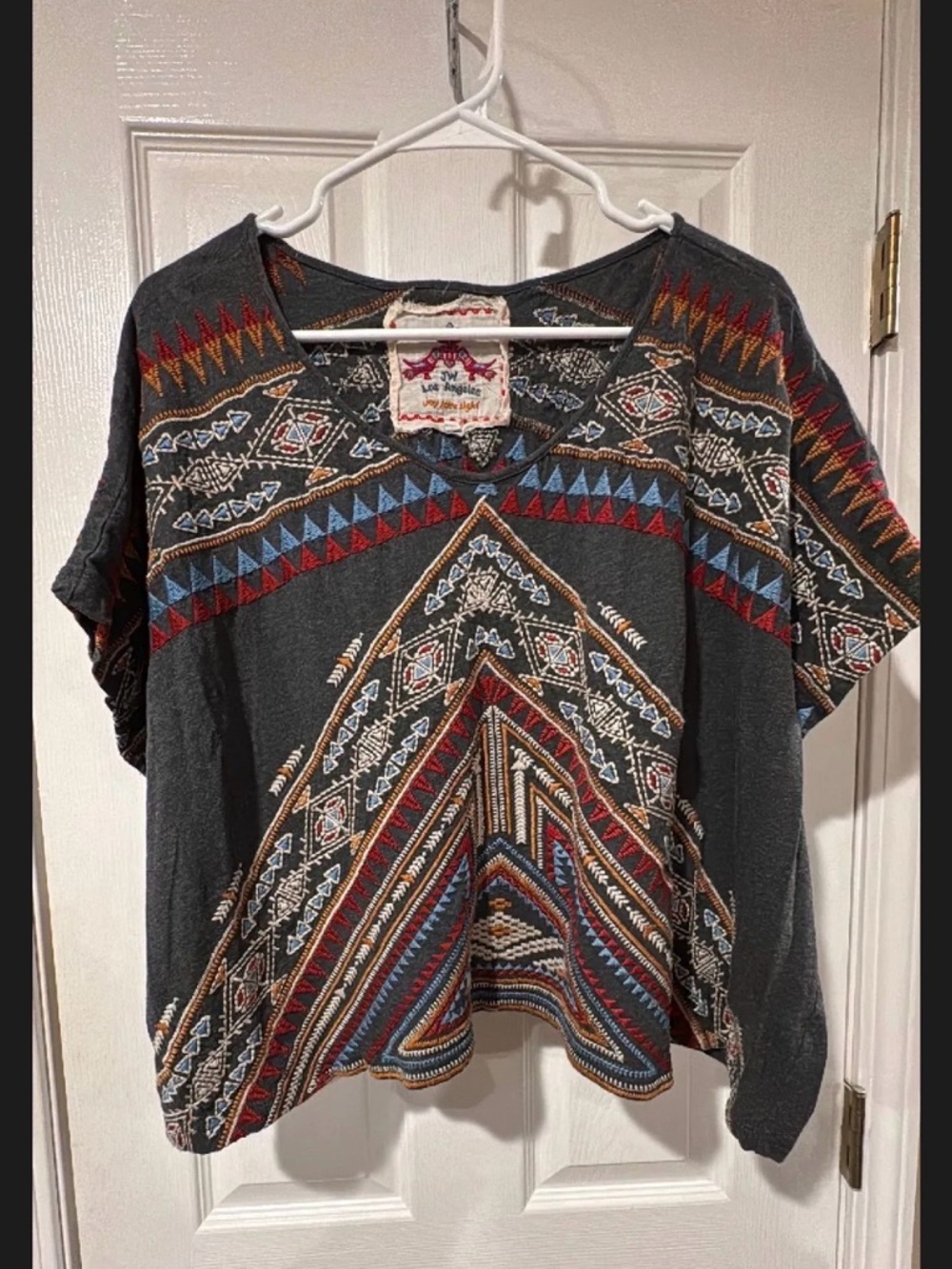 Johnny Was Short Sleeve Geometric Tribal Print Tee in Charcoal, Red, Blue, Gold - Picture 2 of 15